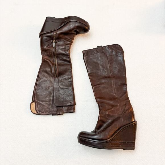 Frye Paige Wedge Chocolate Brown Knee High Boots Brown Size 6 MINT - Picture 6 of 6